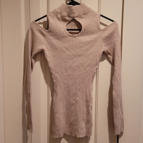 Say What? Tan Shoulderless Long Sleeve Ribbed Sweater - Picture 3 of 9